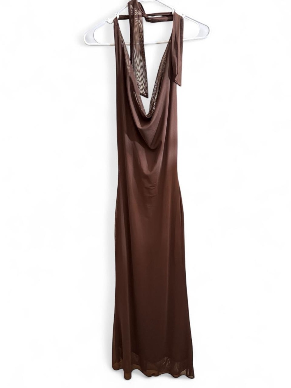 Brown Cowl Neck Halter Mesh Maxi Dress Size S NWOT